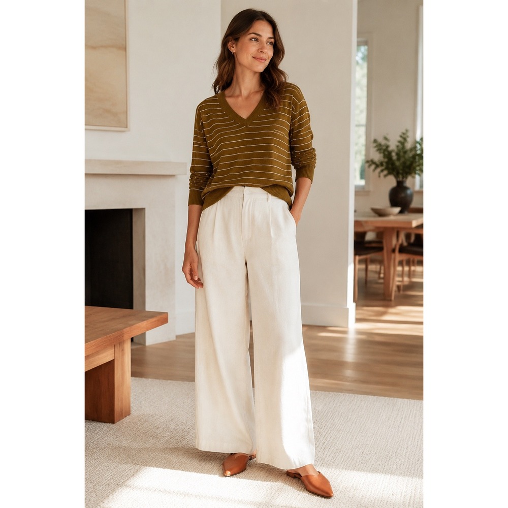 Madewell Linen Cotton Striped V-Neck Sweater Brown White Minimalist XS